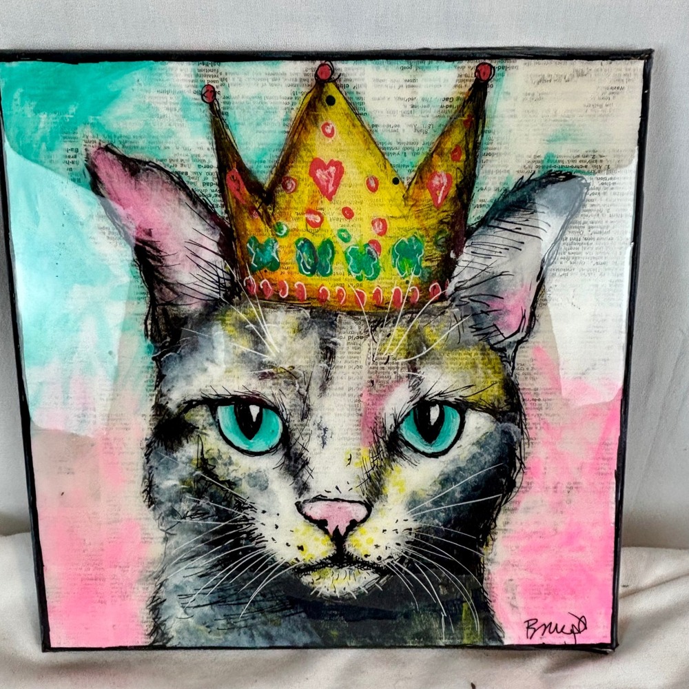 Crowned Cat Study Mixed Media Acrylic Painting Resin Finish 12x12‎